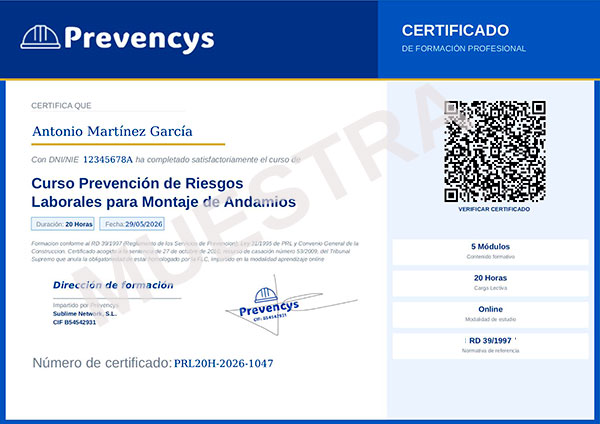 certificado prl montador andamios